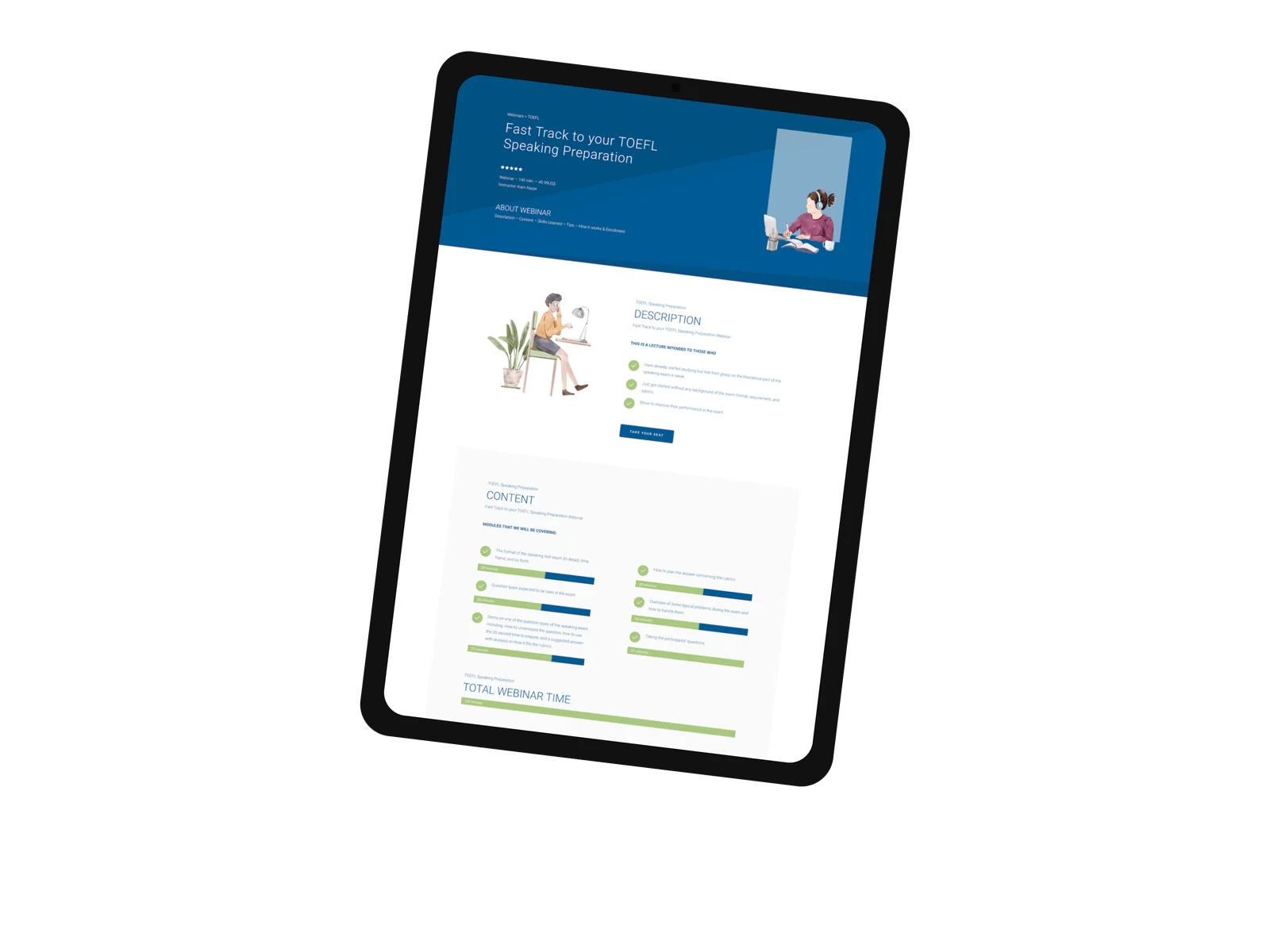 Kam’s Training: a one-to-one TOEFL speaking lesson on a small tablet
