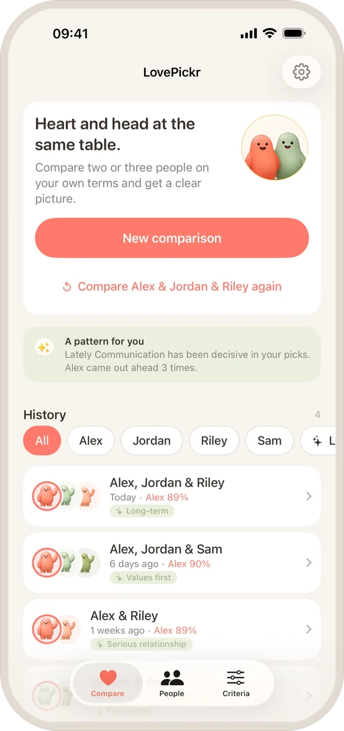 LovePickr on a phone: the home screen, comparisons and a pattern across recent picks