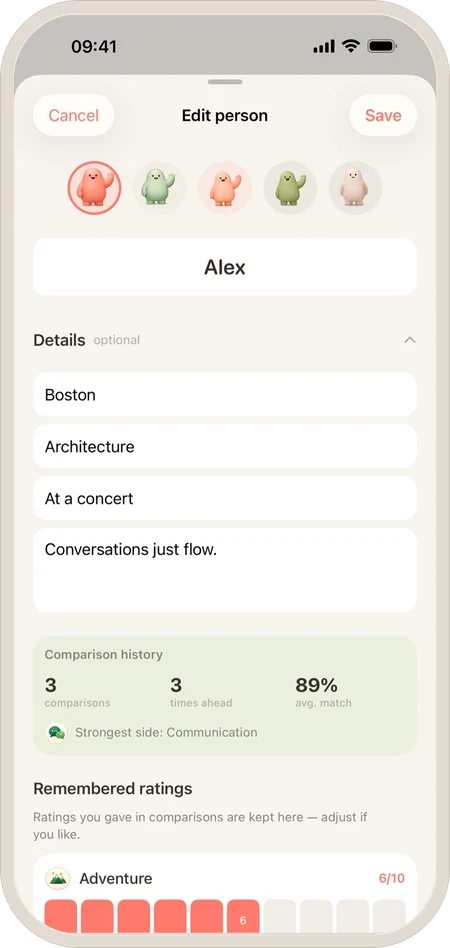 LovePickr on a phone: editing one person, with the details and ratings that are remembered