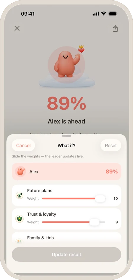 LovePickr on a phone: sliding the weights to see who would lead instead