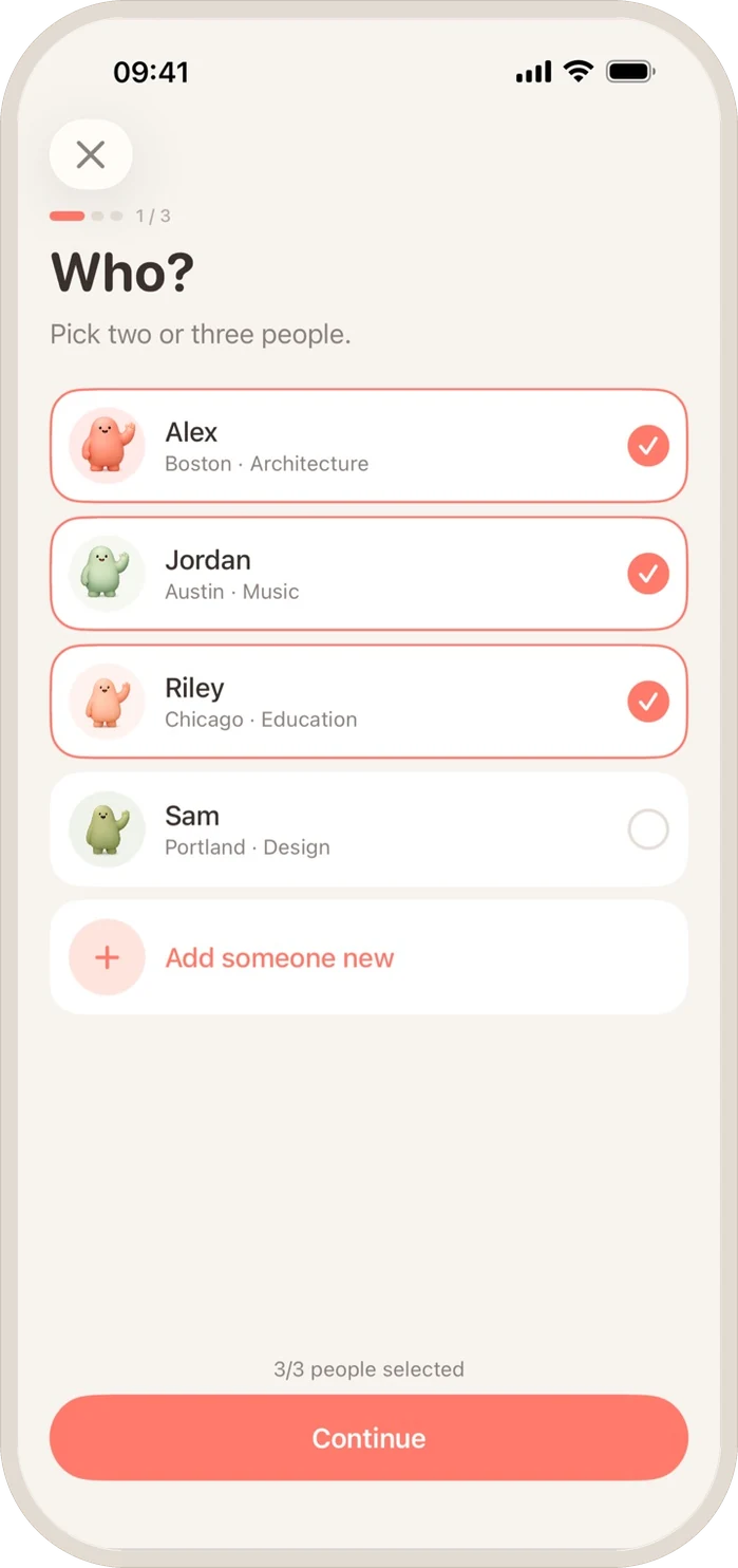 LovePickr on a phone: choosing two or three people to compare
