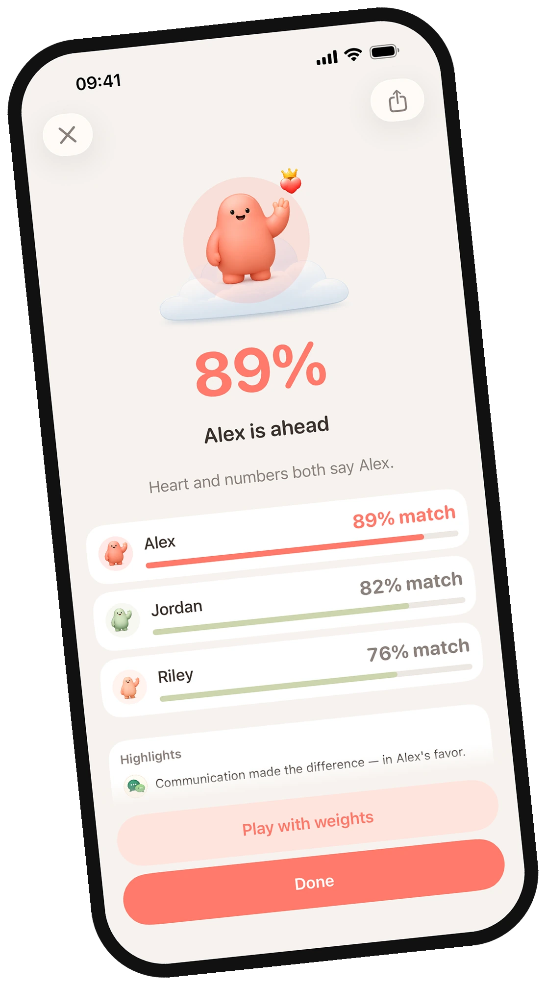 LovePickr: a result screen, Alex is ahead at 89 percent